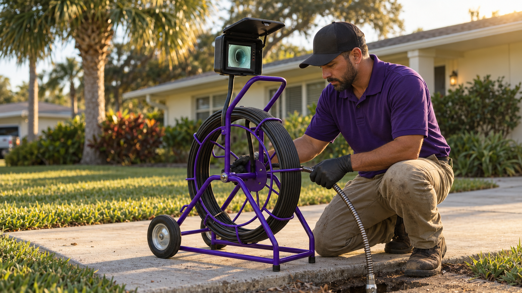 Pipeliner Pros technician running a camera inspection at a Brevard County home